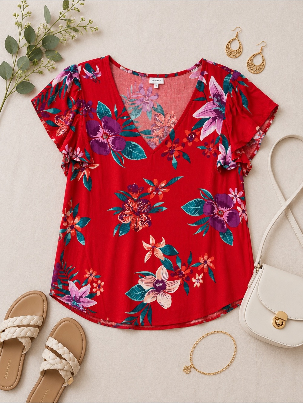Old Navy Red Floral Ruffle Sleeve Blouse Size Medium